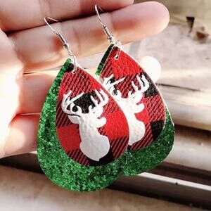 Buffalo Plaid Sparkly Deer Stag Boho Vegan Leather Teardrop Holiday Earrings